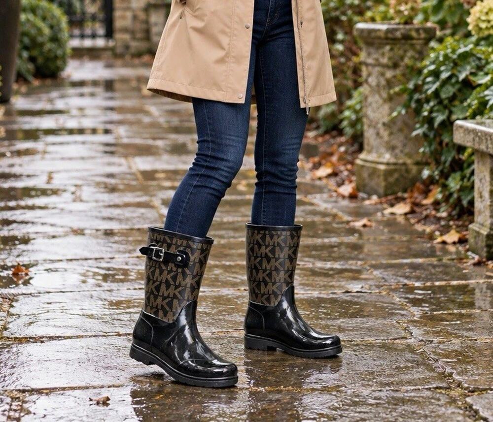 Michael Kors Rain Boots Womens Est Size 9–9.5 Black Gold MK Monogram Buckle